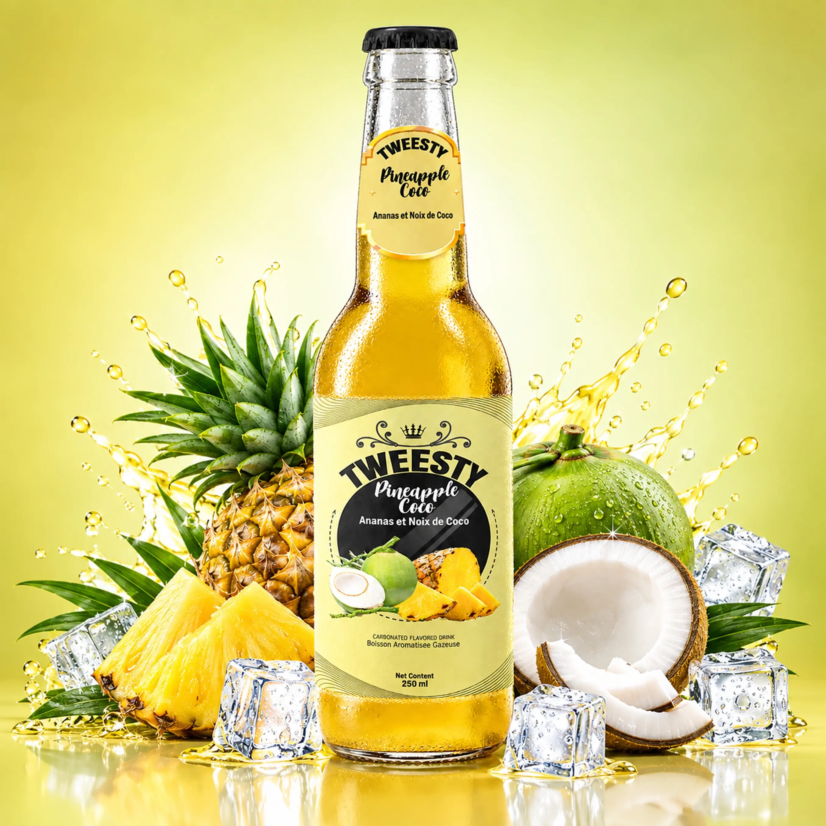 TWEESTY Pineapple Coco carbonated flavoured drink 250ml glass bottle with pineapple, coconut, ice and splash